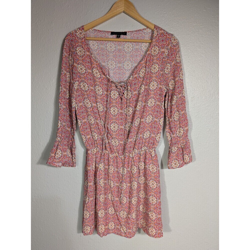 Sanctuary Women’s dress Pretty Pink Print With Drop Waist S Lined Tie N98 - Picture 1 of 10